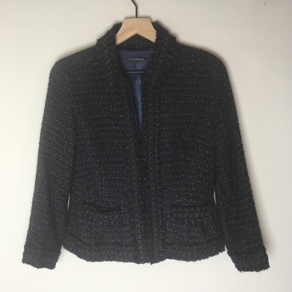 Elie Tahari Black/Blue Tweed Blazer Jacket